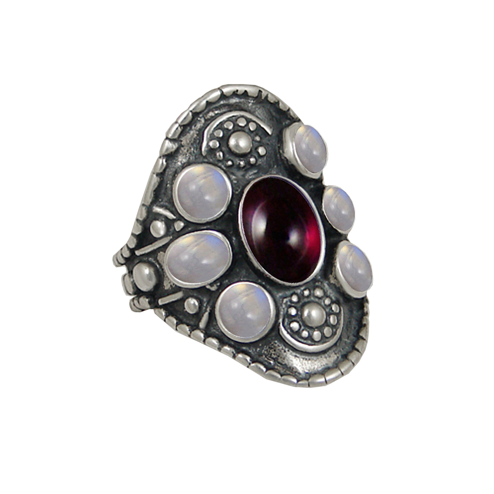 Sterling Silver High Queen's Ring With Garnet And Rainbow Moonstone Size 8 Sterling Silver High Queen's Ring With Garnet And Rainbow Moonstone Size 8